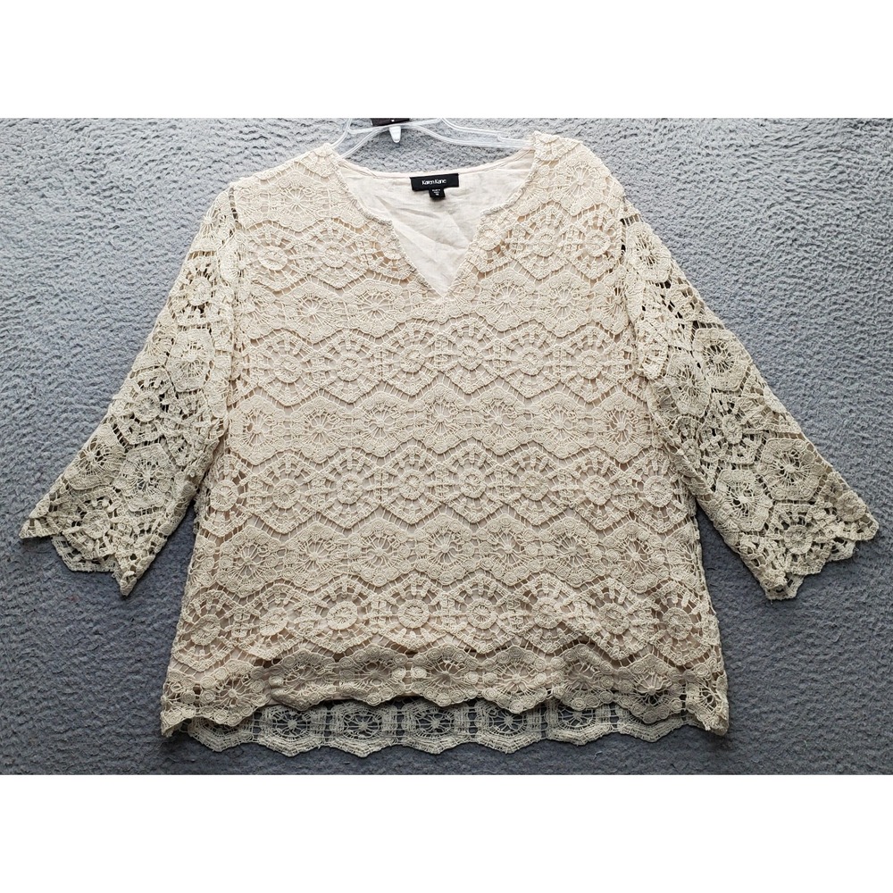 Karen Kane Blouse Womens 1X Tan Crochet Lace Overlay Lined 3/4 Sleeve Cut V Neck
